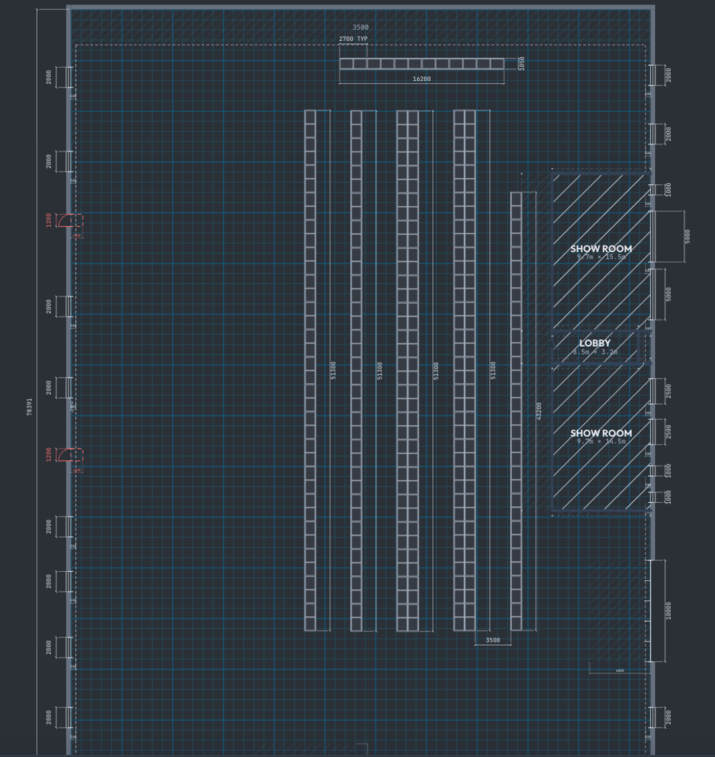 A derived technical artifact from the Keystone editor: racking geometry, dimension ladders, door swings, and room zones on a planning grid.
